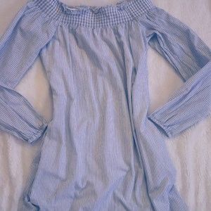 Express Pin Striped Off Shoulder Dress